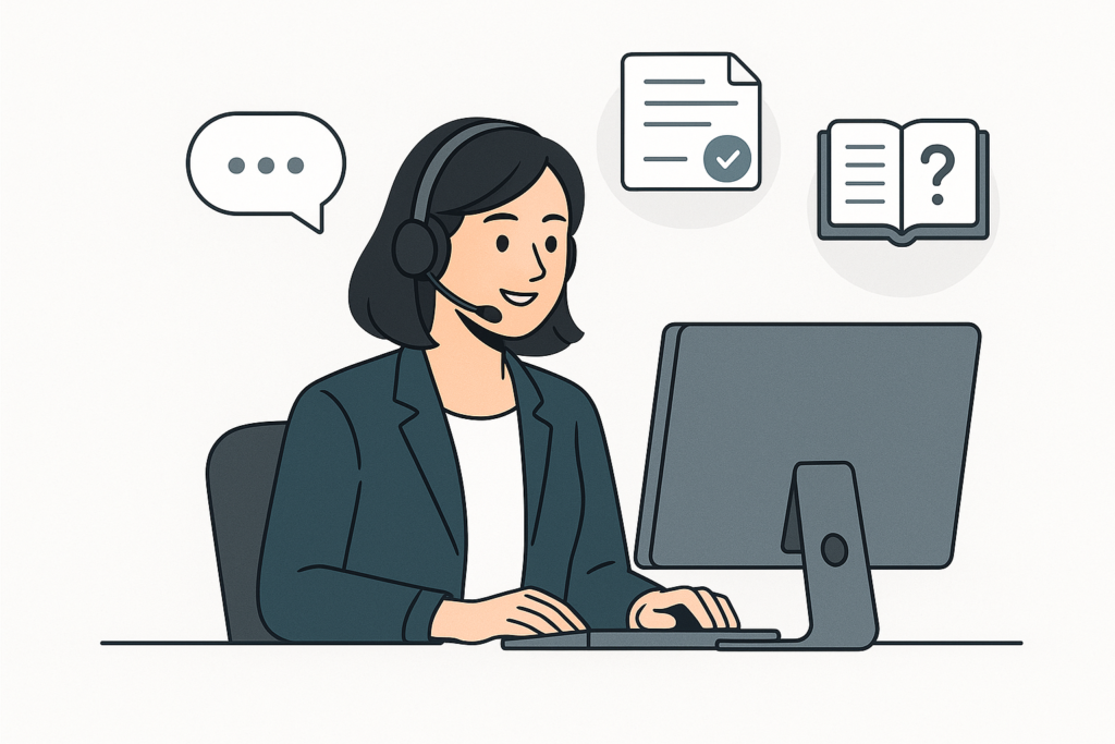 Illustration of a customer support agent managing inquiries on a computer with icons for chat, tickets, and knowledge base in a neutral, versatile style.