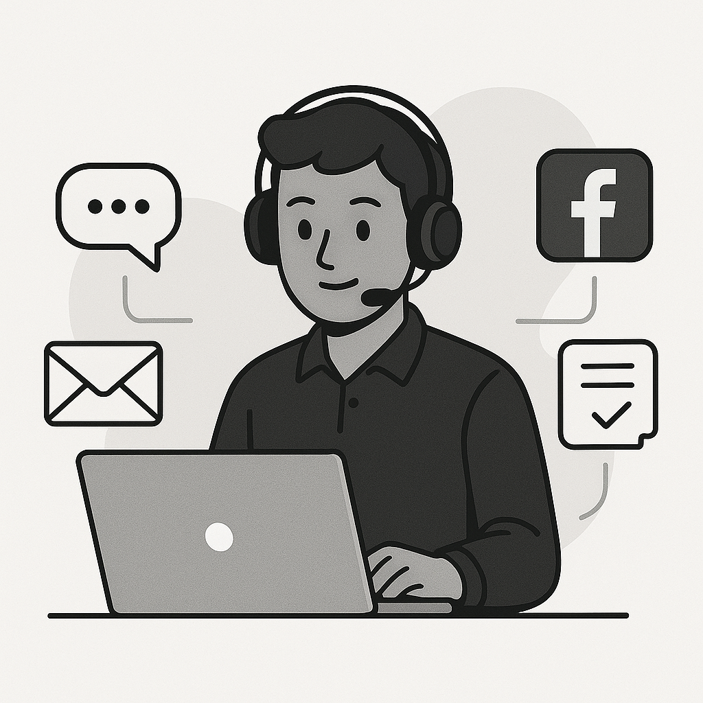 A professional illustration of a support agent managing multiple communication channels with icons for chat, email, and social media around them.