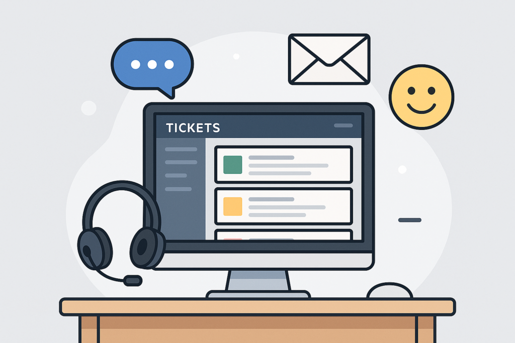 A professional illustration of a customer support setup with organized tickets, chat icons, and email symbols representing help desk features.
