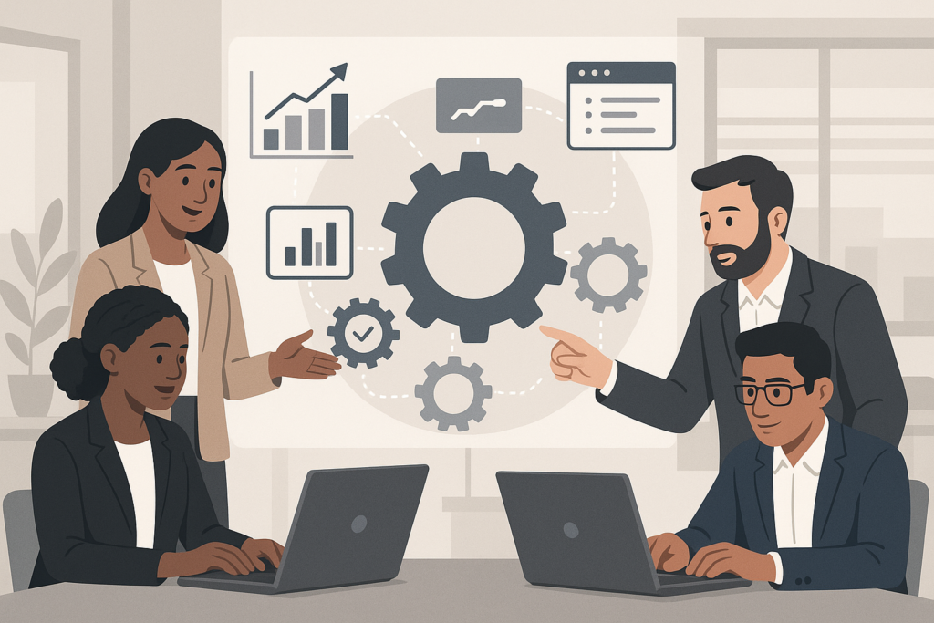 A team of professionals collaborating around a digital workspace with gears and charts symbolizing custom software development and tailored business solutions.