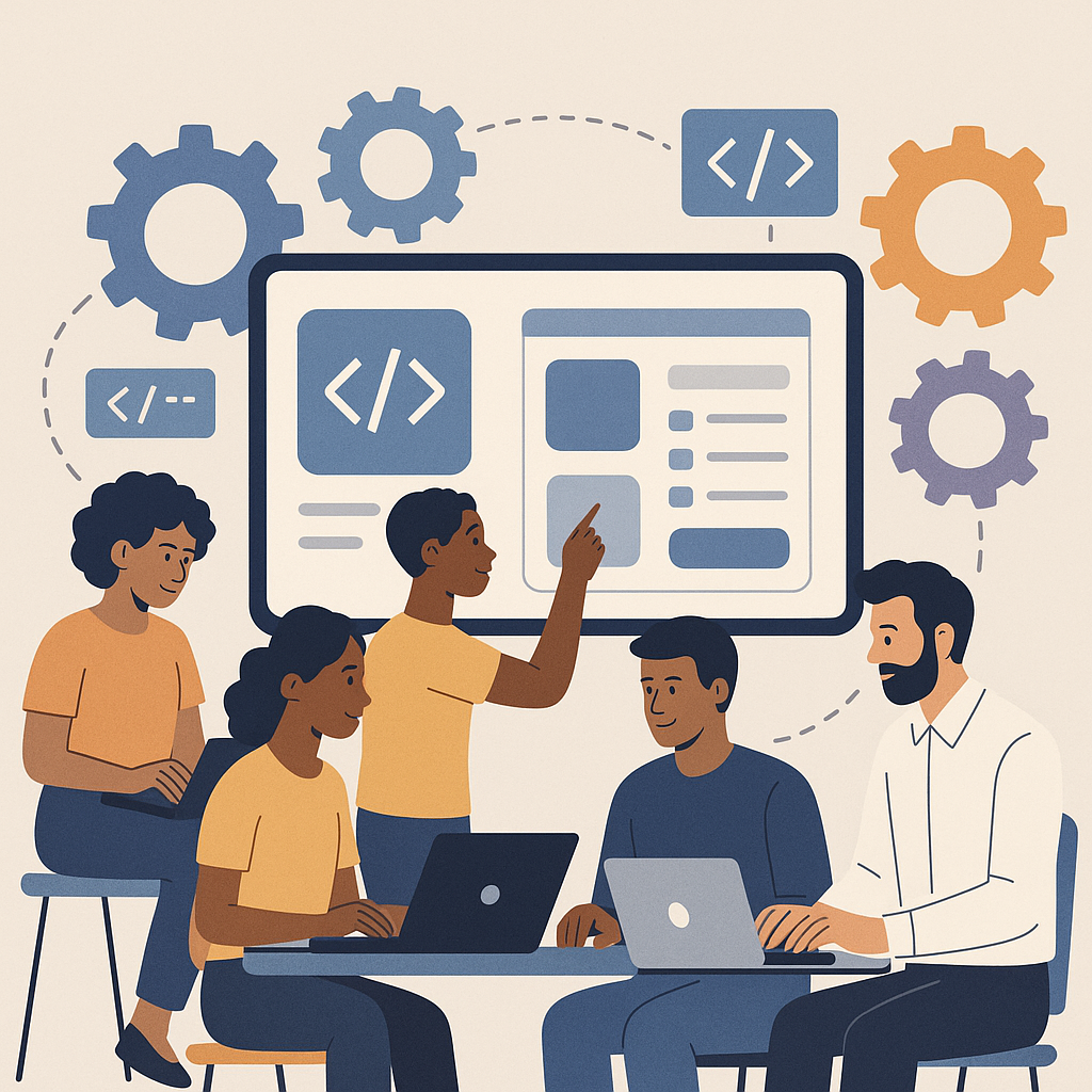 A professional team designing and developing custom software solutions with interconnected gears and digital elements representing tailored technology.