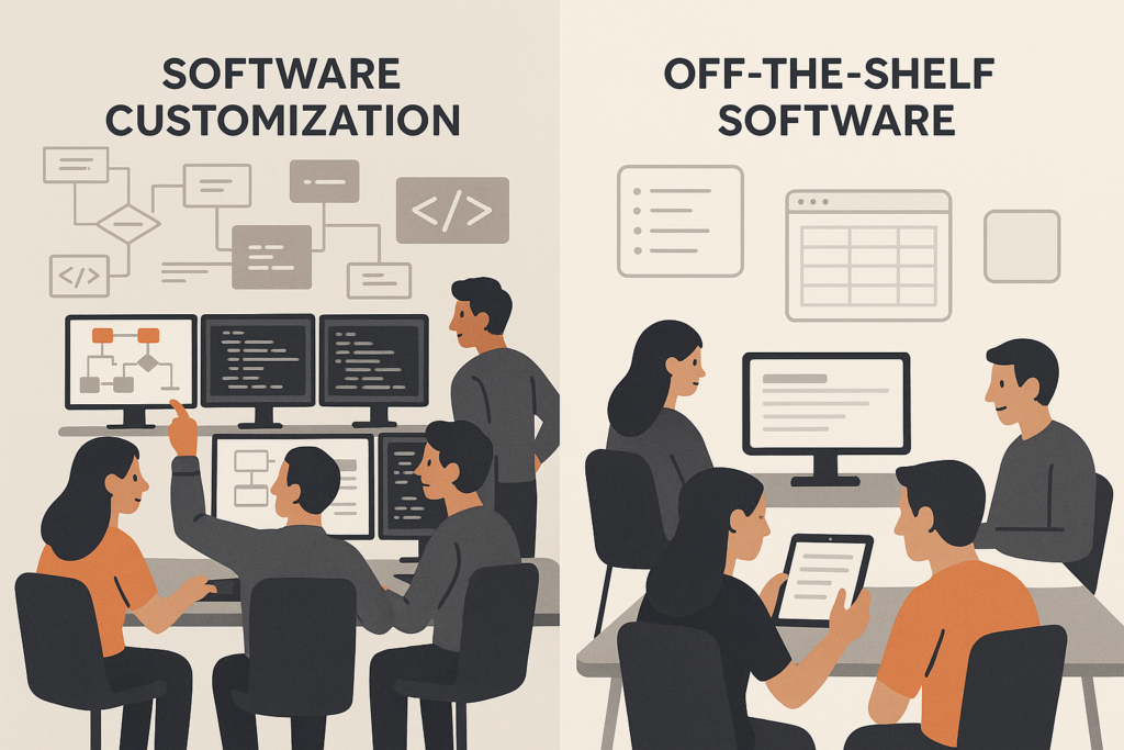 Illustration comparing custom software development with generic off-the-shelf solutions in a business setting.
