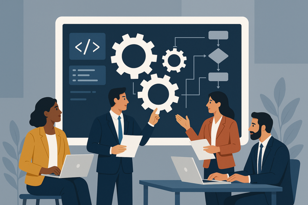 A team of professionals collaborating around a digital interface with gears and flowcharts, representing custom software development and tailored solutions.