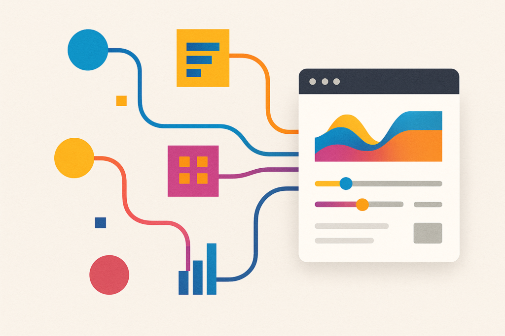 A professional illustration of interconnected data nodes and streams symbolizing custom data integration for software solutions.