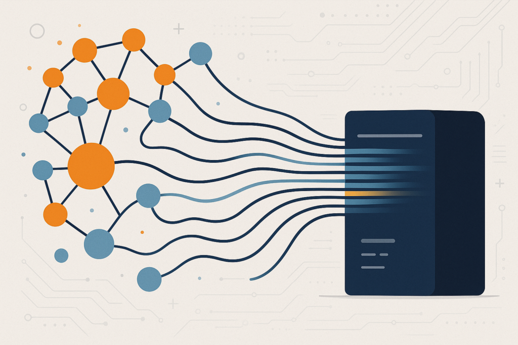 Illustration of interconnected data nodes flowing into a computer, symbolizing custom data driving tailored software solutions for businesses.