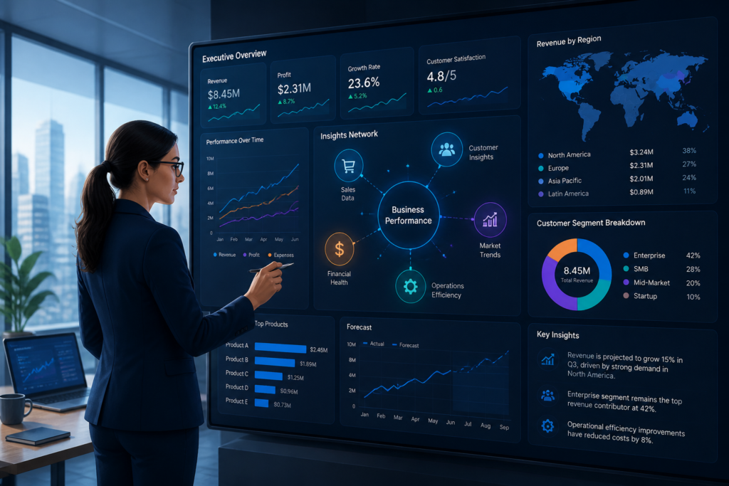 Business analyst analyzing tailored data visualizations on a digital screen in a modern office setting.