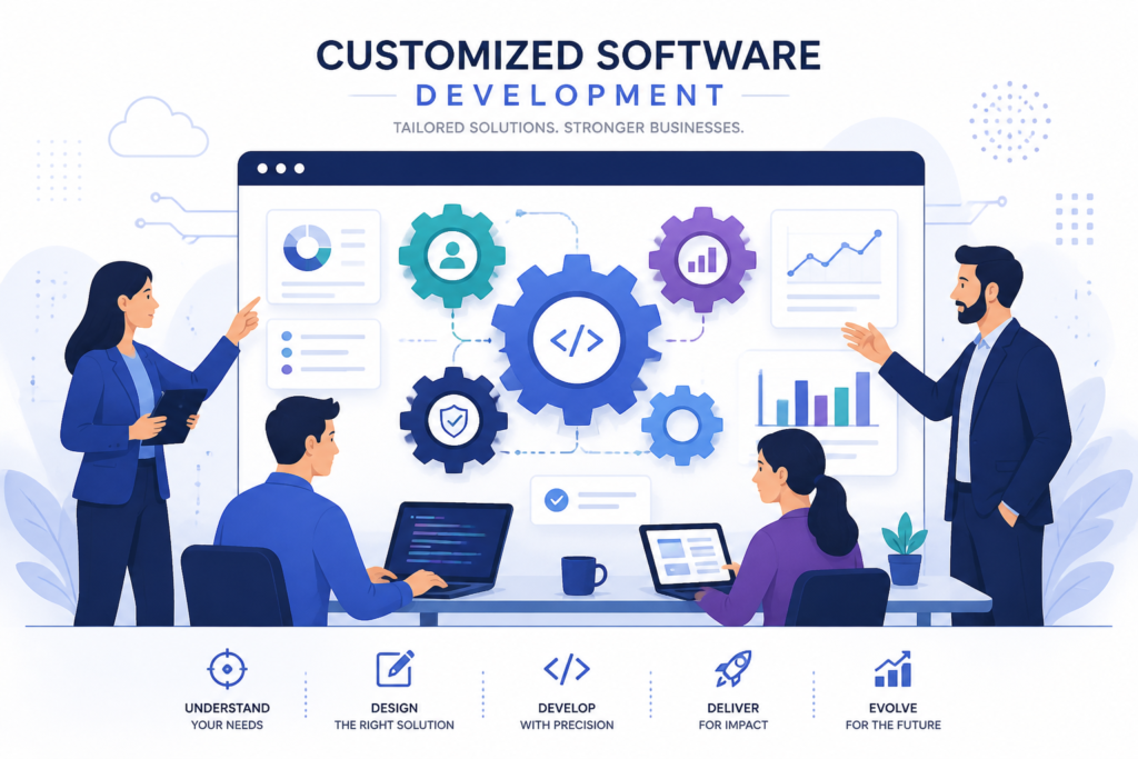 A team of professionals collaborating around a digital interface with gears and charts representing custom software development benefits.