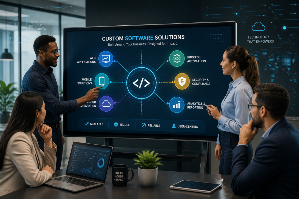 A team of professionals collaborating around a digital touchscreen illustrating custom software concepts in a sleek, modern office environment.