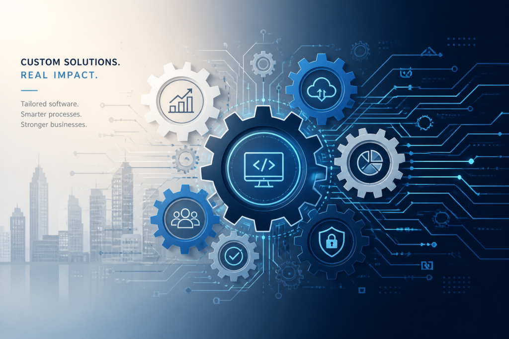 A professional illustration of interconnected gears and digital circuits representing custom software development for businesses.