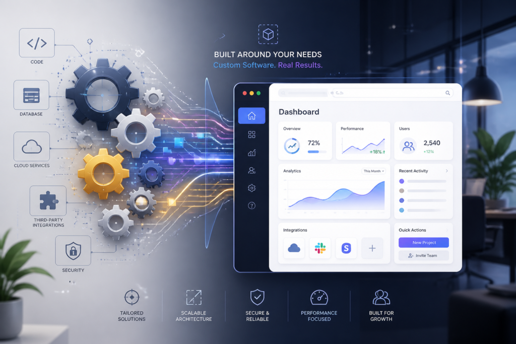 Illustration of interconnected gears and digital elements representing custom software development for business solutions.