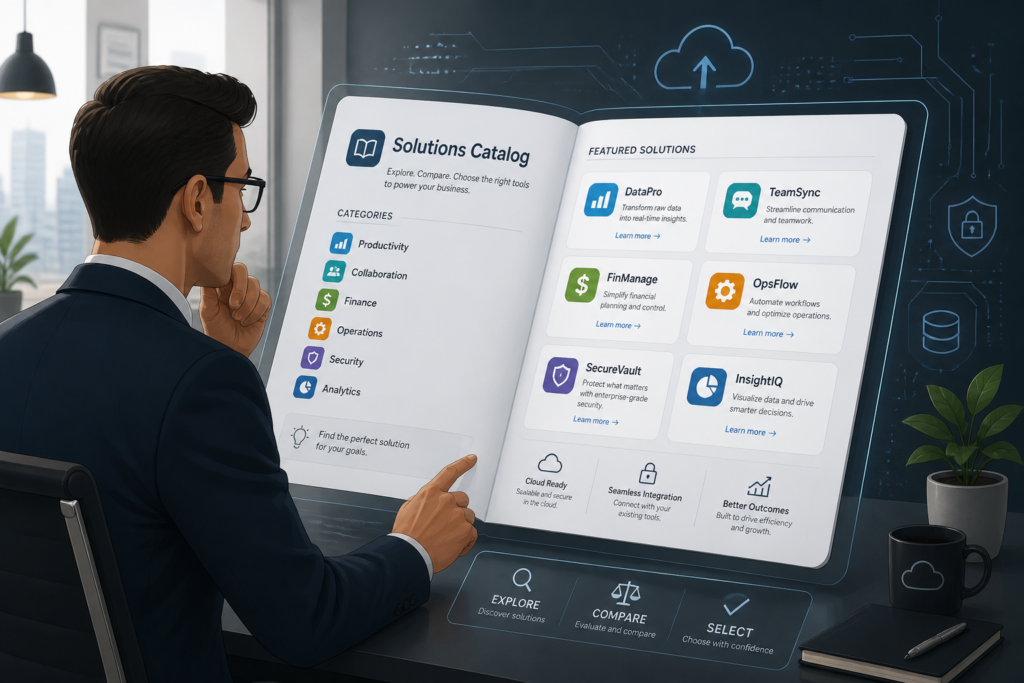 A professional reviewing a digital software catalog with various options displayed, representing off-the-shelf software choices for businesses.