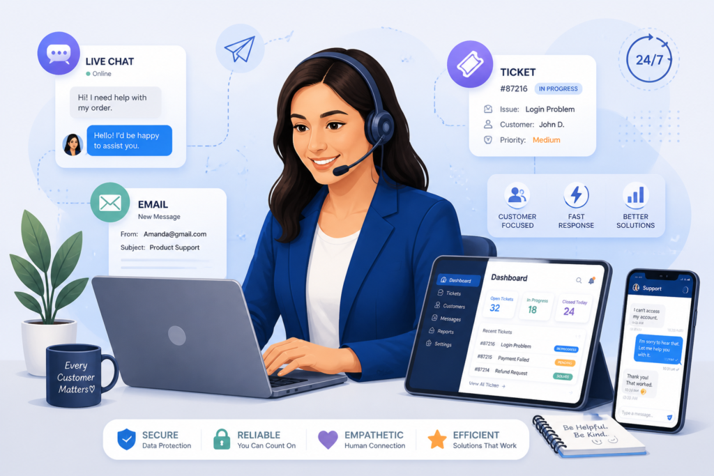 A professional support agent working on multiple devices with communication icons representing ticket management and customer service efficiency.