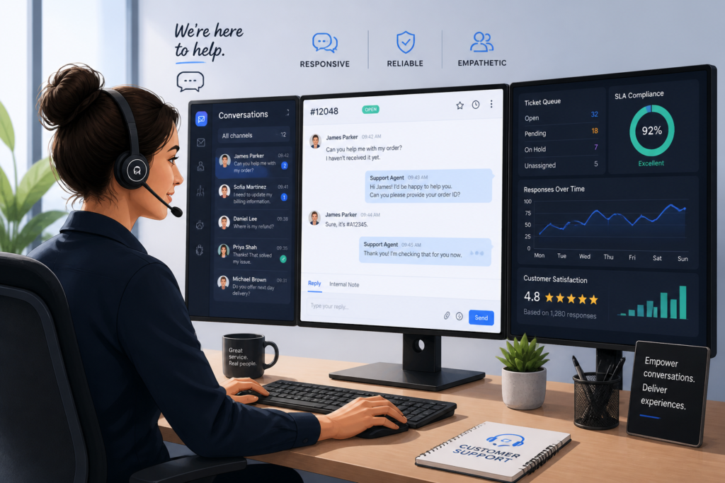 A professional support agent managing multiple customer inquiries on digital screens, representing efficient customer support workflows.