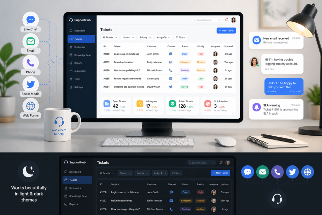 A sleek illustration of a customer support workspace with ticket management dashboard and multi-channel communication icons, representing efficient support systems.