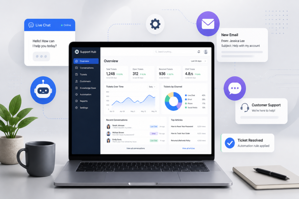 Illustration of a support dashboard on a laptop with icons of chat, email, and automation for customer support efficiency.