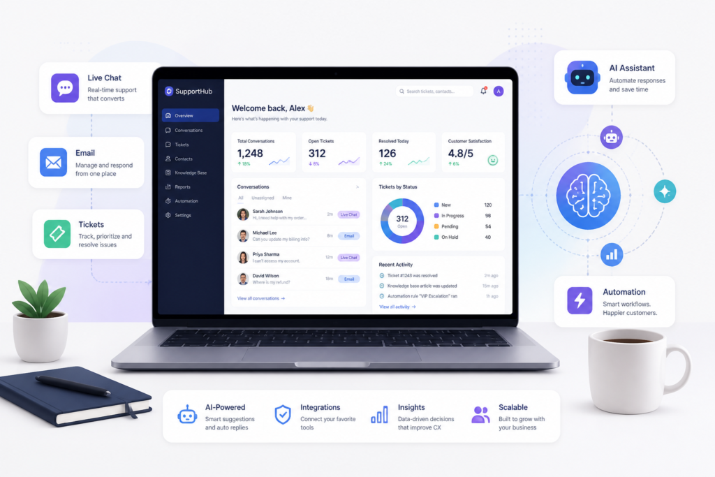A sleek illustration of a laptop with support icons and digital elements representing customer support and ticket management for WordPress sites