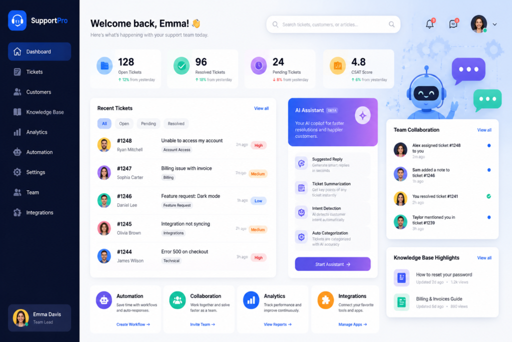 Illustration of a customer support dashboard with tickets, AI elements, and collaboration icons, representing support plugins for WordPress.