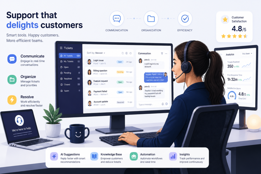 Illustration of a customer support agent managing tickets on digital screens, symbolizing efficient customer service and support management.