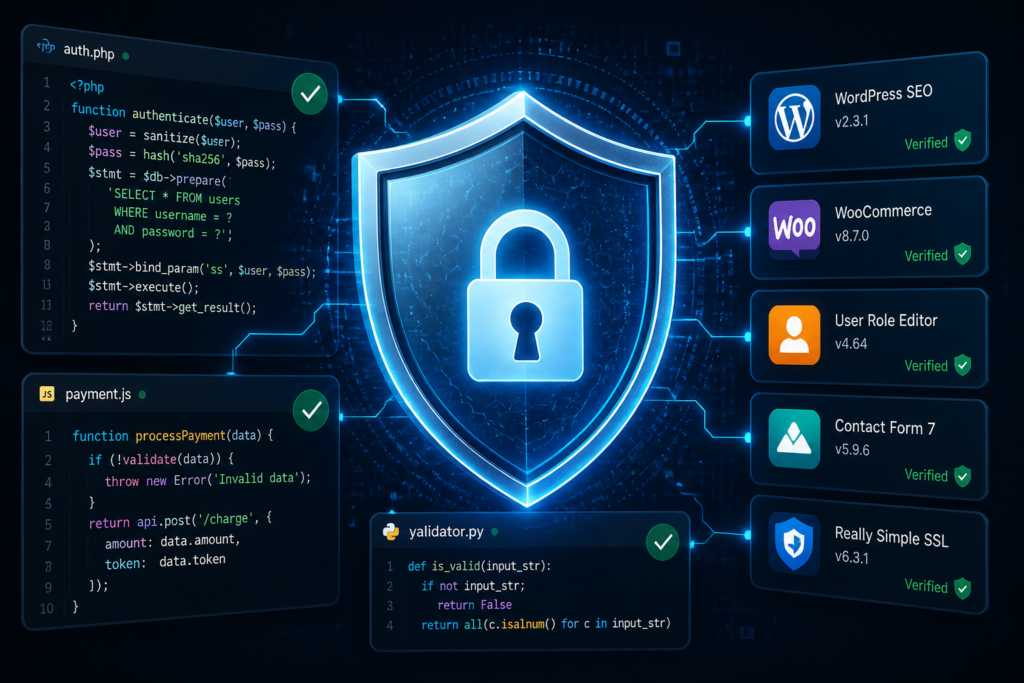 Illustration of a digital shield protecting interconnected code and plugin icons, representing software security and integrity monitoring.