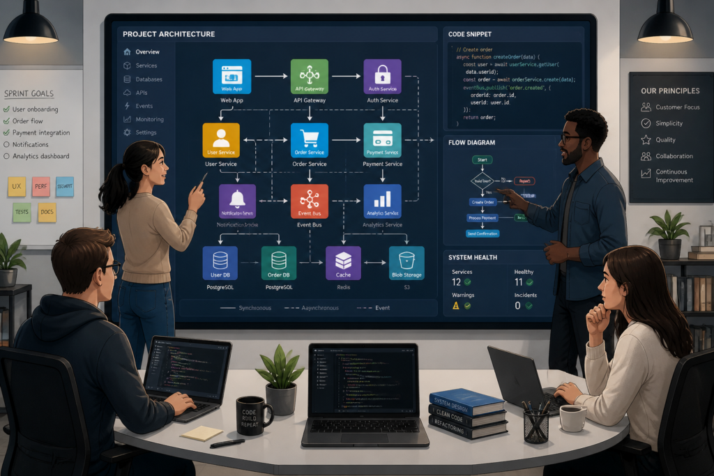A professional illustration of a software development team collaborating with digital icons representing project complexity and technology choices.