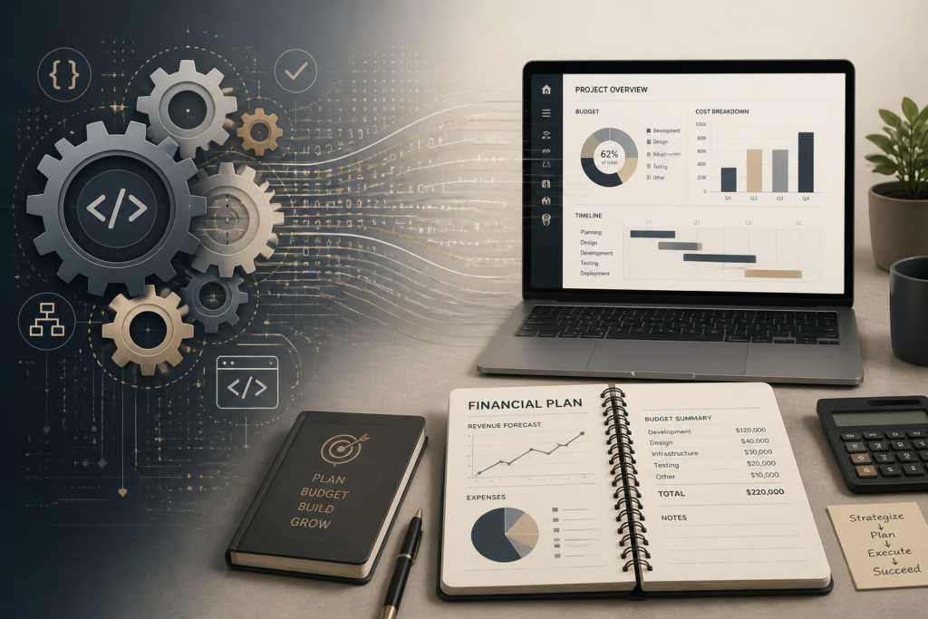 Illustration of gears, digital code, and workspace elements representing software development pricing and budgeting concepts.