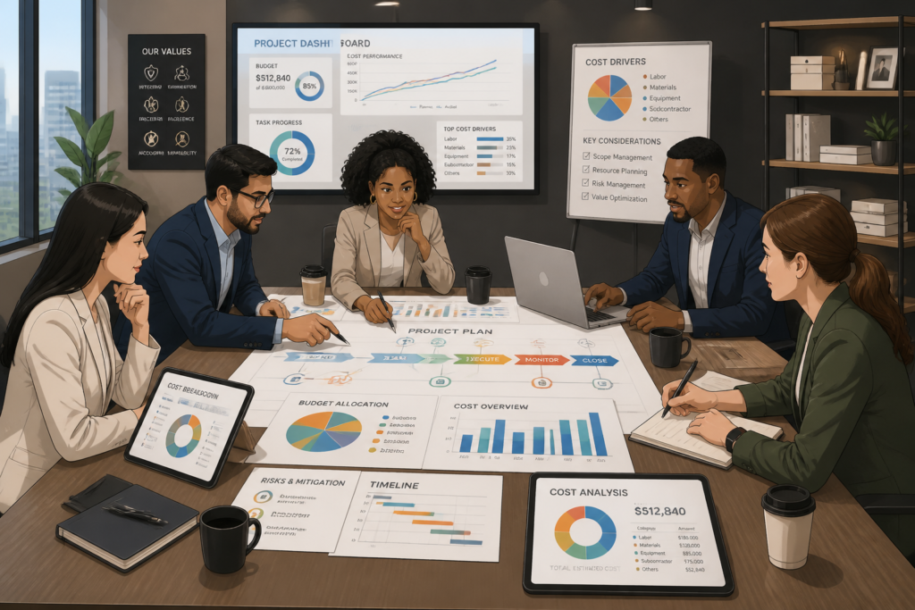 A team discussing project costs with charts and graphs in a modern office setting, representing software development budgeting and negotiation strategies.