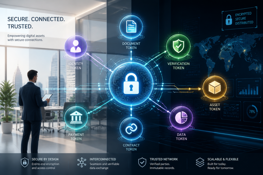 Illustration of interconnected digital tokens with security symbols representing AI token management for business efficiency.