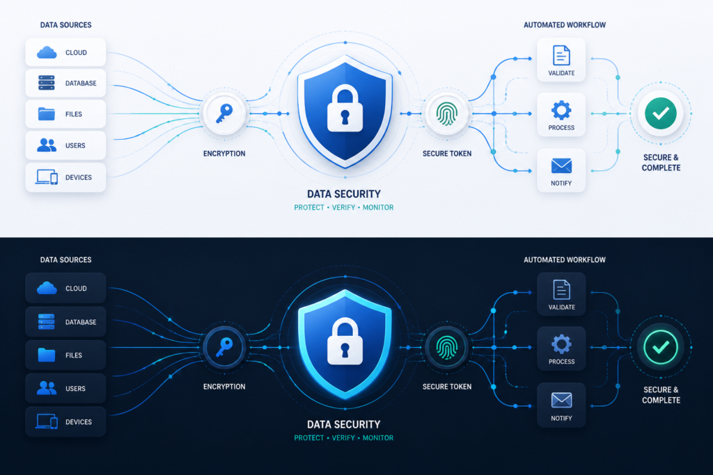 An abstract illustration of digital shields, locks, and tokens interconnected to symbolize data security and AI token management.
