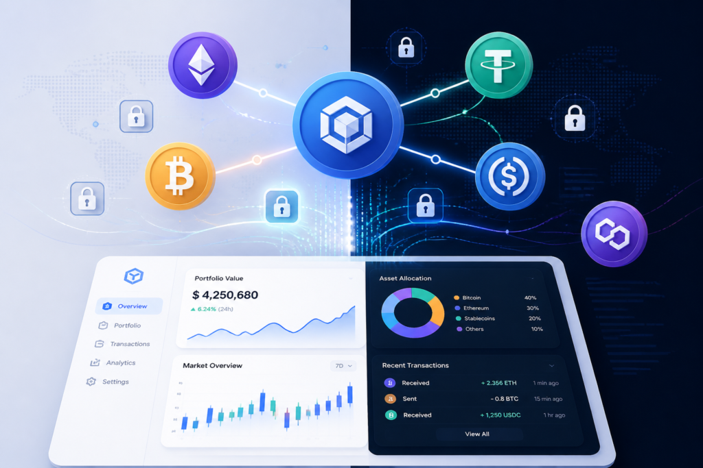 Illustration of interconnected digital tokens, data streams, and security icons representing AI token management in business.