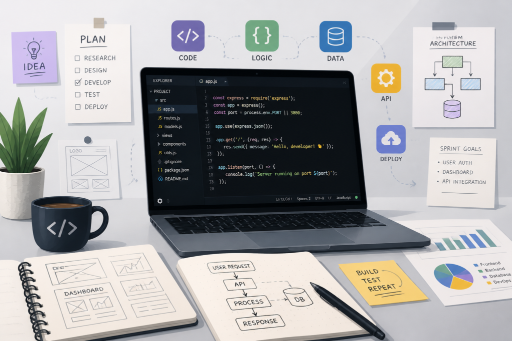 A developer's workspace with coding screens, sketches, and digital icons symbolizing custom software development processes.