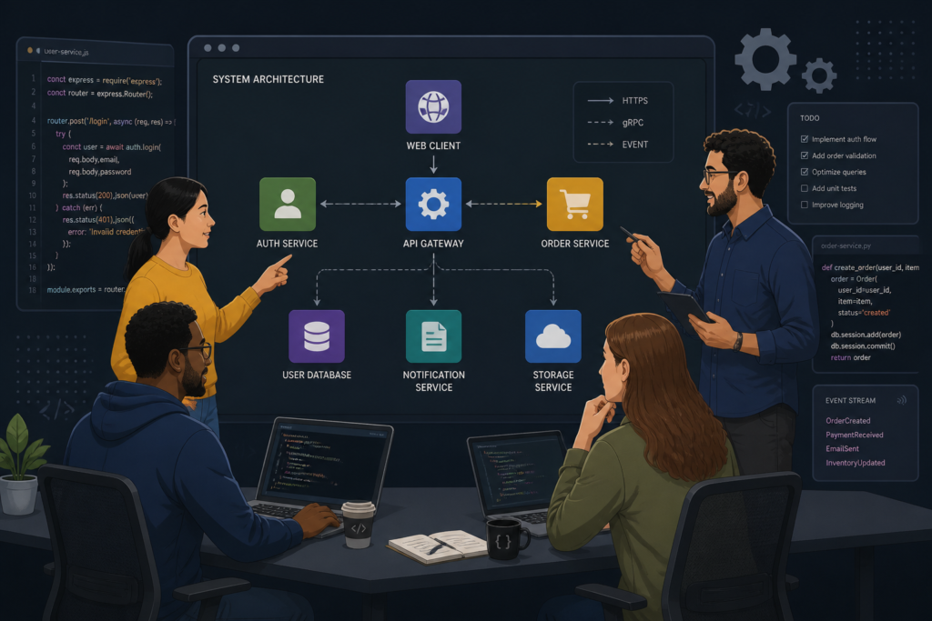 A team of developers working together with digital interfaces and icons representing software development factors, illustrating custom software costs.