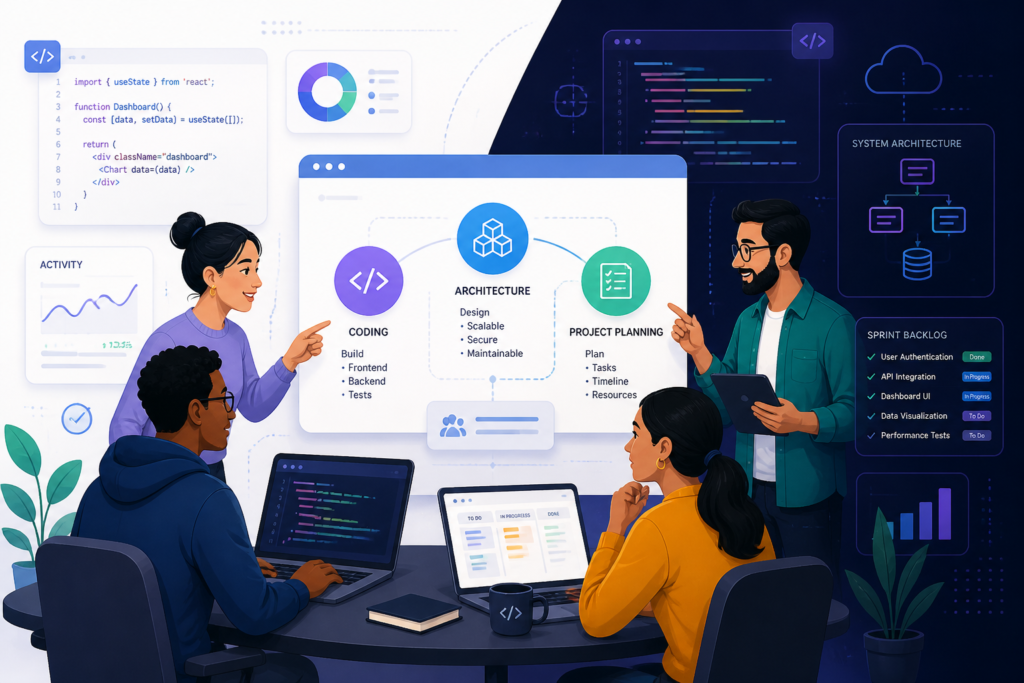 A professional illustration of a software development team collaborating with digital tools and data visualizations in a modern workspace.