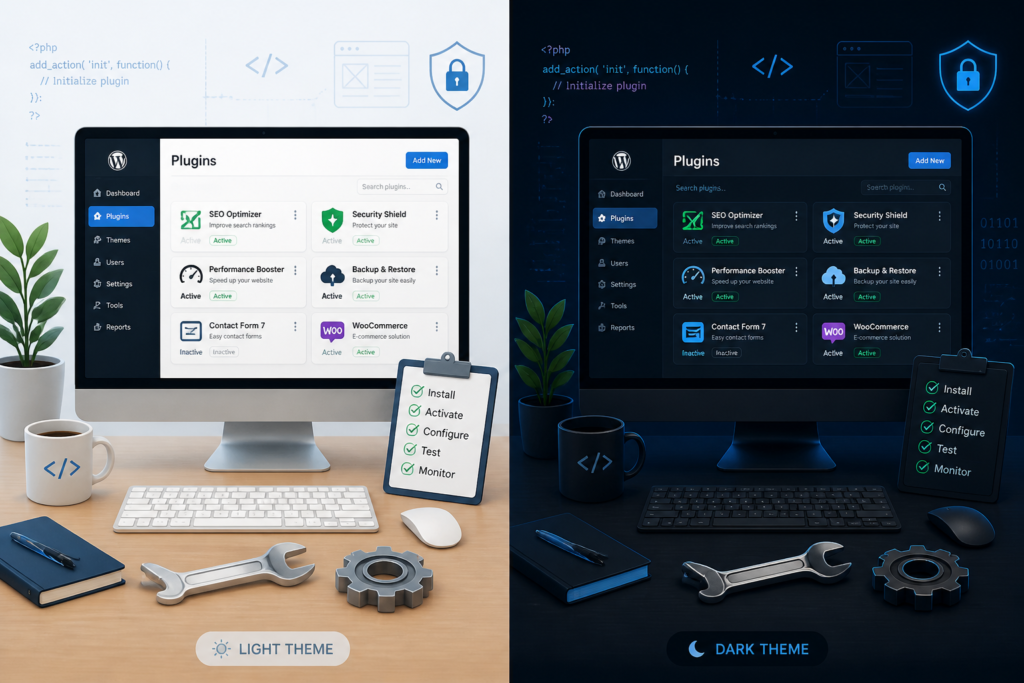 A sleek illustration of a workspace with tools and icons representing WordPress plugin management and updates.