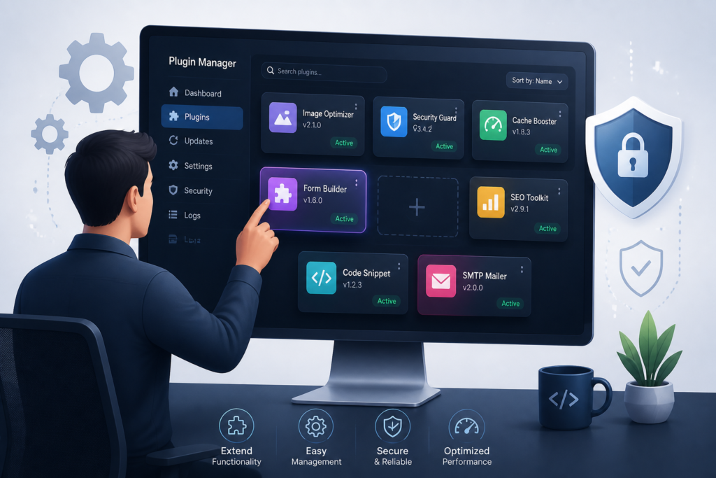 An illustration of a person overseeing plugin icons on a computer screen, symbolizing plugin update management and website security.