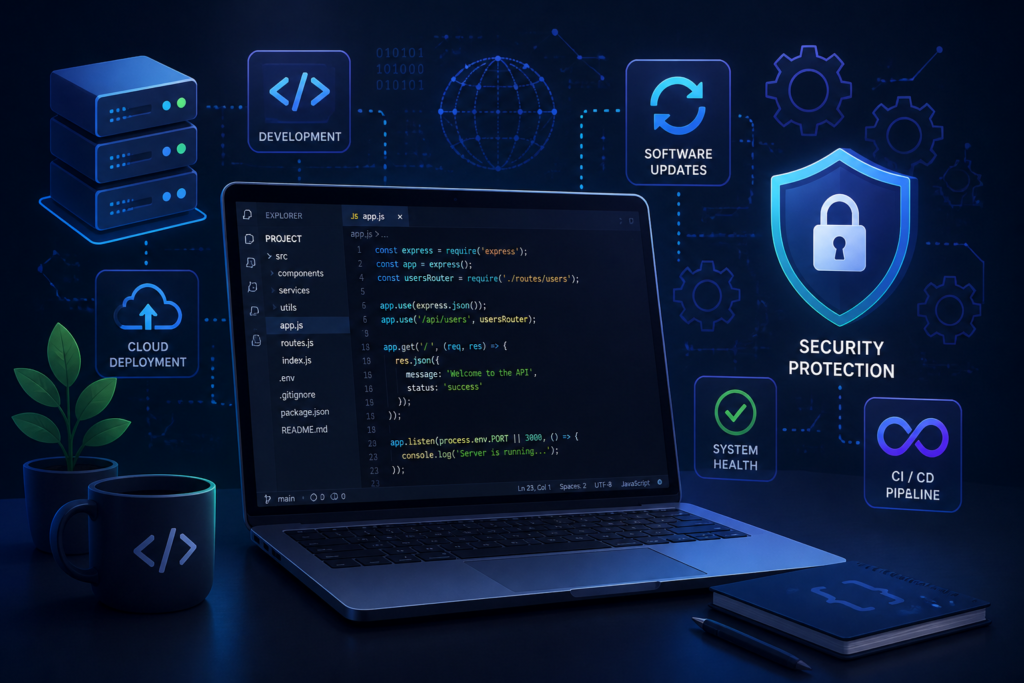 A developer's workspace with code on a laptop, icons of servers, security shields, and updates symbolizing custom plugin update management.