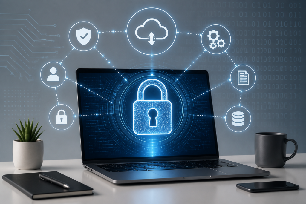 A professional illustration of a laptop with security and automation icons, symbolizing license management for WooCommerce digital products.