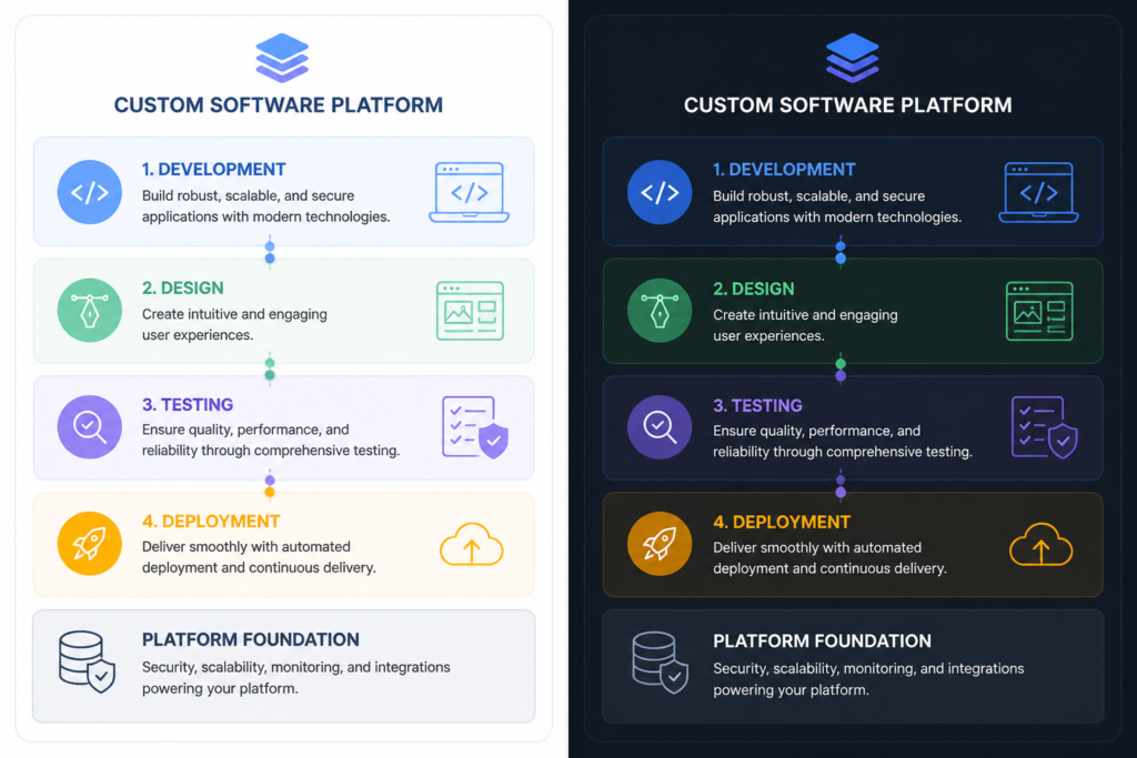 Illustration of a layered software development process with icons for development, design, testing, and deployment components.