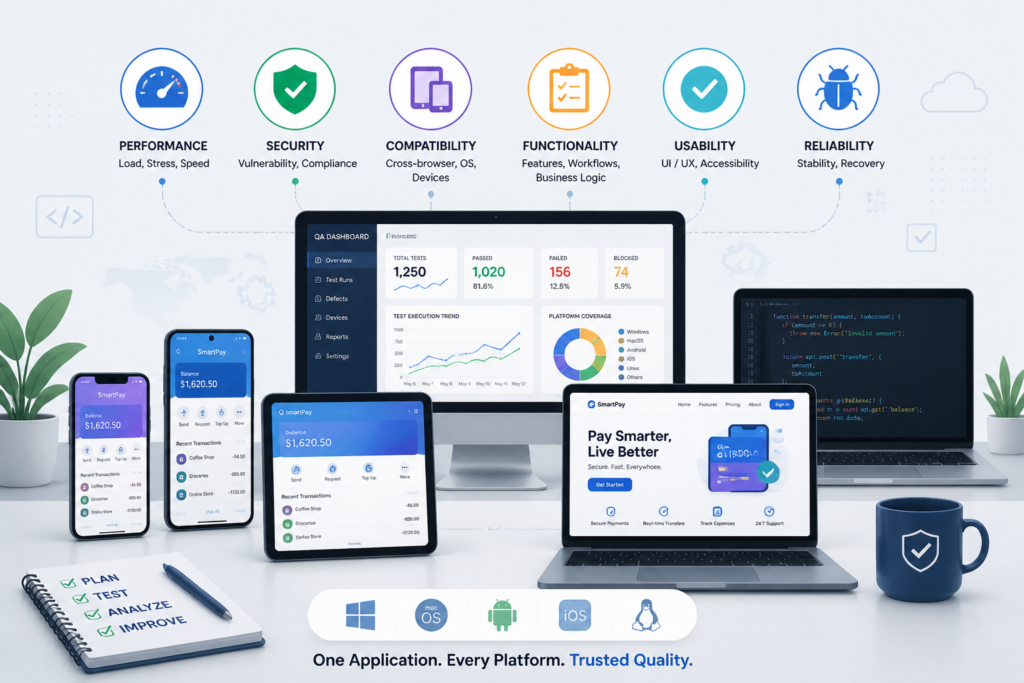 A modern illustration of various devices with testing icons representing cross-platform software testing and quality assurance.