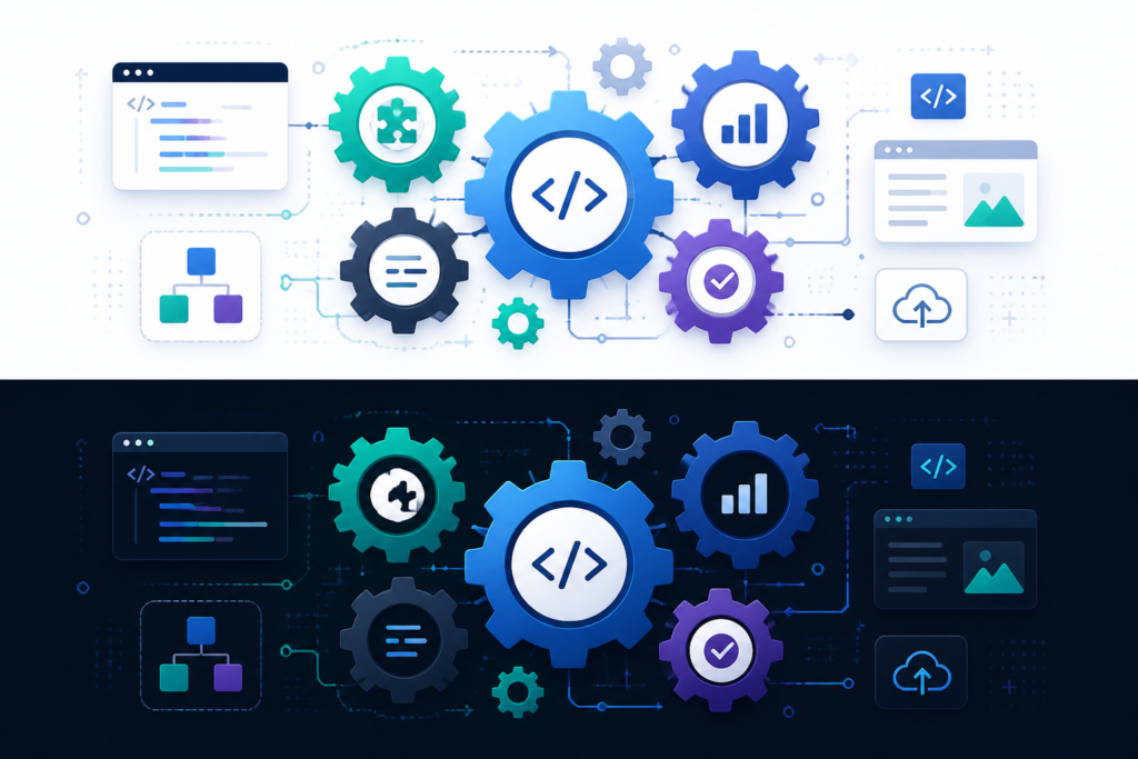 Illustration of interconnected gears and digital components symbolizing custom software mechanics for business success.