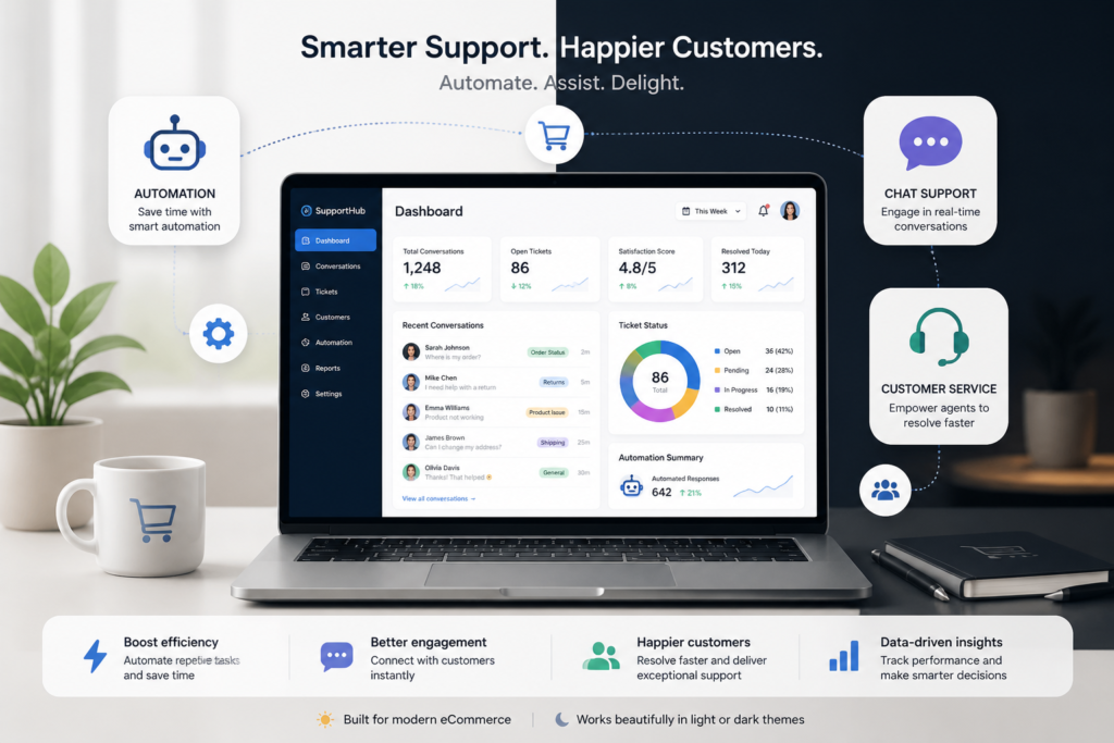 A sleek illustration of a support dashboard on a laptop with automation and chat icons, symbolizing helpdesk integration for WooCommerce stores.