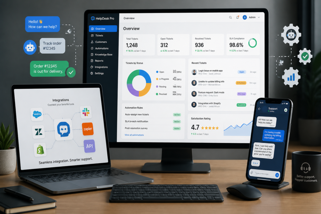 A professional workspace with devices and digital support icons representing helpdesk plugin integration for WooCommerce webshops.