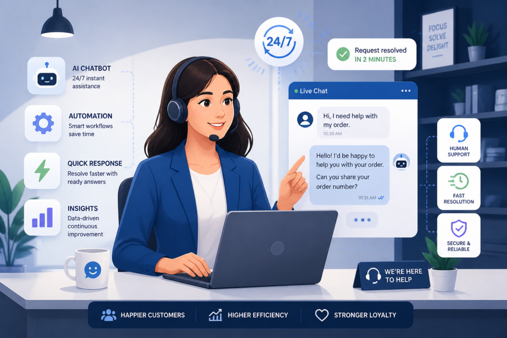 Illustration of a customer support agent using digital tools with automation icons, symbolizing streamlined support in an online store environment.
