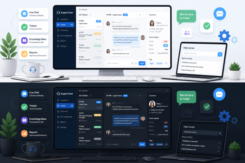 A professional illustration of a customer support setup with chat windows and support tools on a computer screen, representing help desk management.