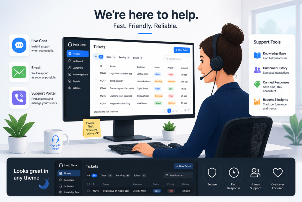 A professional illustration of a help desk setup with support tools and a customer service representative at work, emphasizing efficient support management.