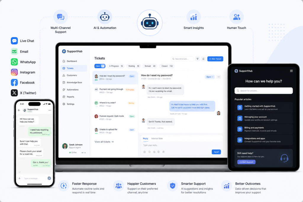 An illustration of various devices showing customer support chats and tickets, highlighting multi-channel and automated support features.