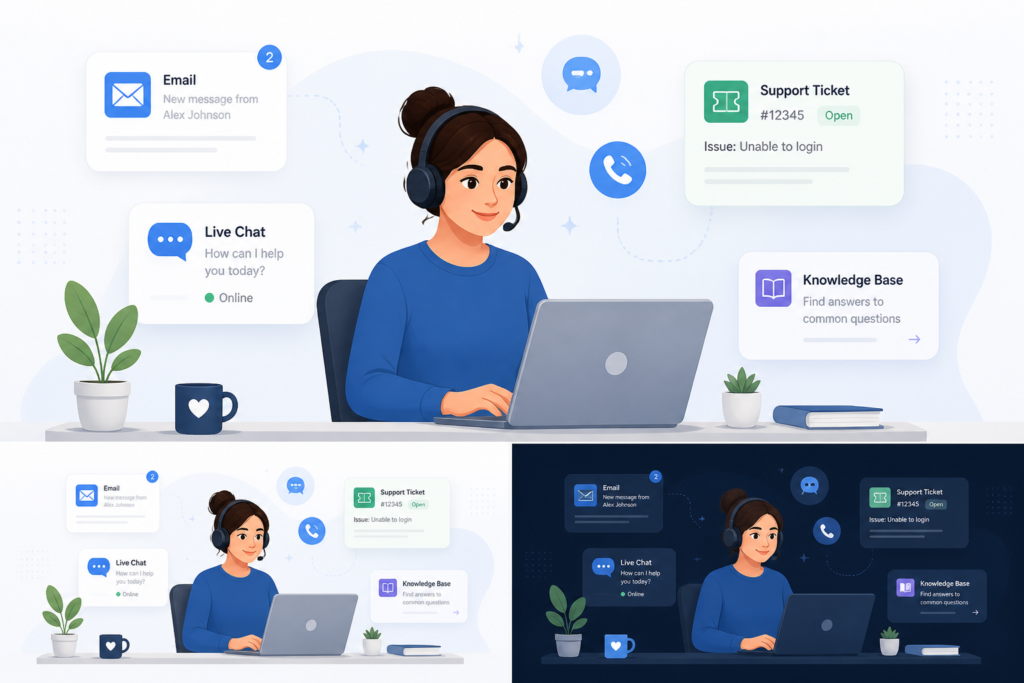 A professional illustration of a customer support representative managing multiple communication channels on a laptop, representing help desk features.