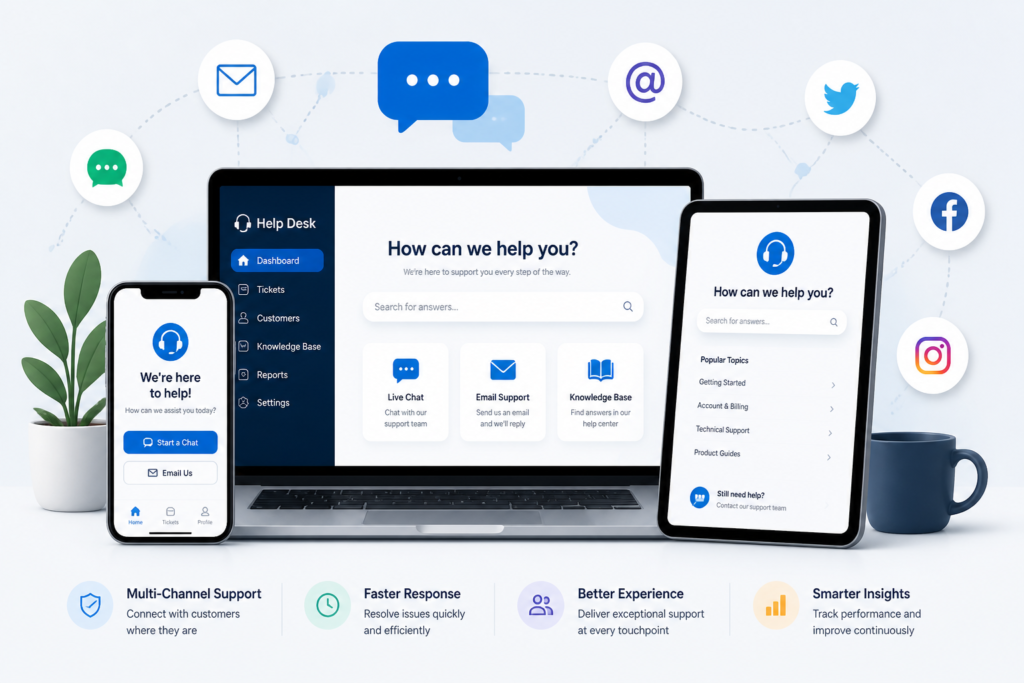 Illustration of a multi-device help desk setup with support icons representing chat, email, and social media channels for customer support.