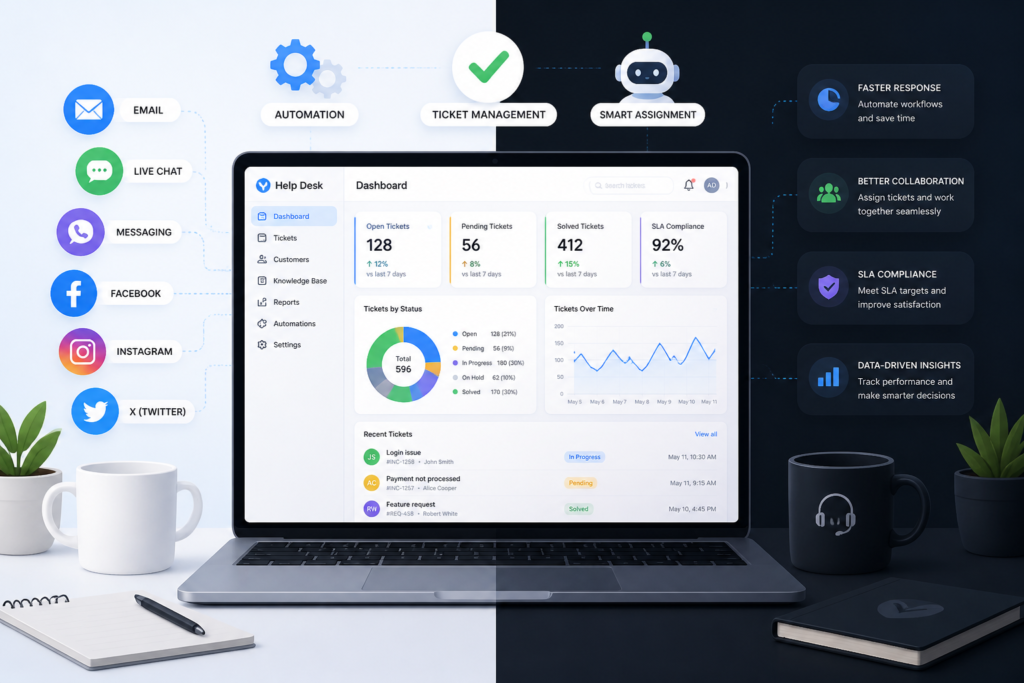 A professional illustration of a laptop with help desk icons for email, chat, and social media, symbolizing customer support and ticket management tools.
