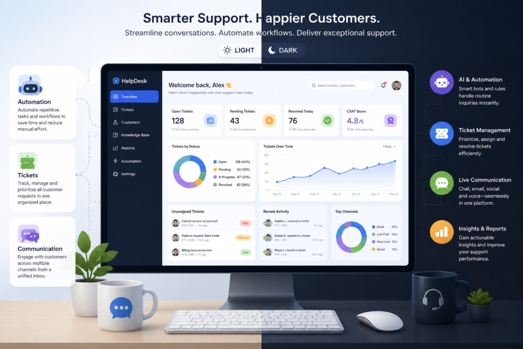 A sleek illustration of a customer support dashboard with automation and ticket icons, symbolizing help desk plugin features for efficient support.