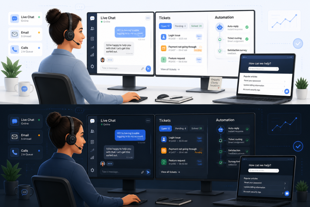 An illustration of a support agent managing customer inquiries with multiple screens showing chat and ticket icons, representing help desk efficiency.